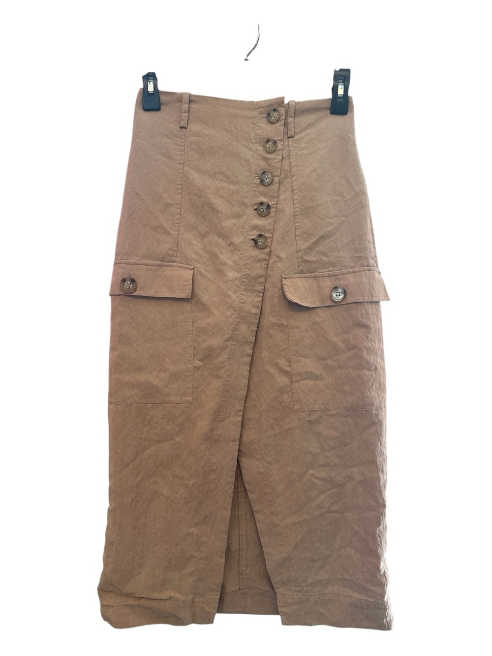INTERMIX Tan Button-Front Midi Skirt with Utility Pockets Size 00